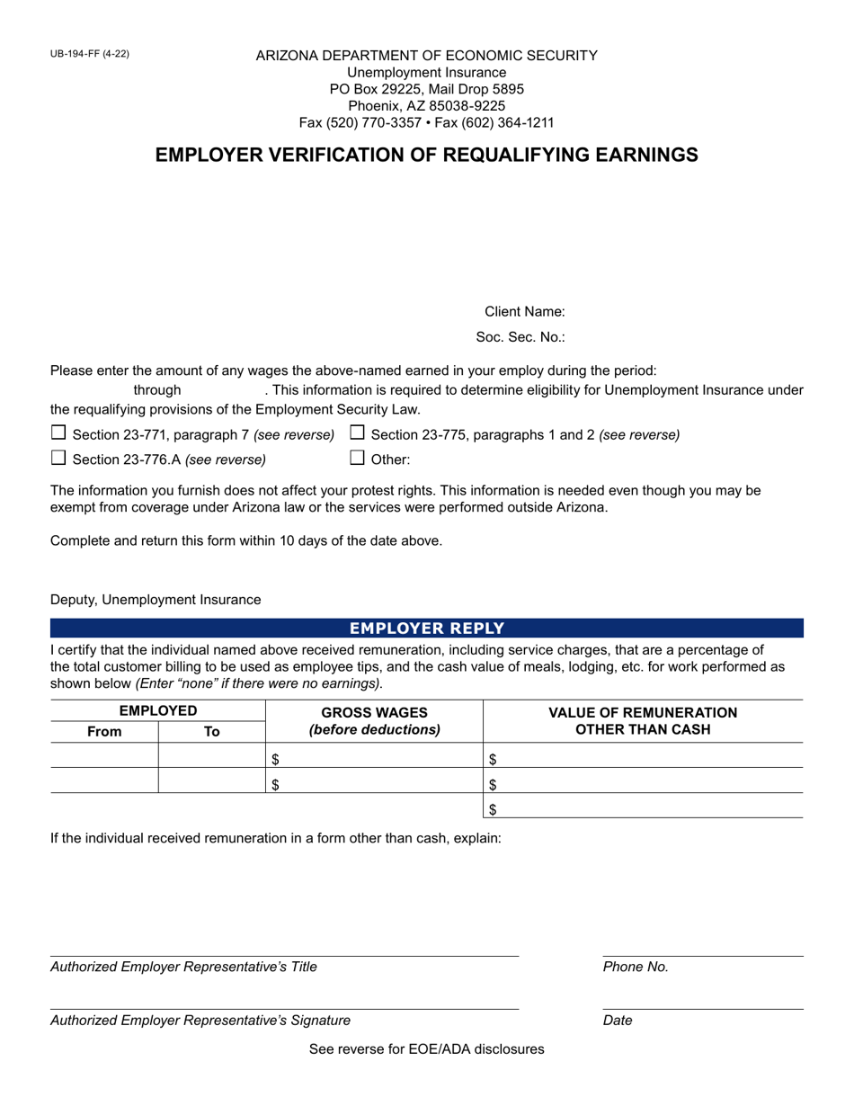 Form UB-194-FF Employer Verification of Requalifying Earnings - Arizona, Page 1