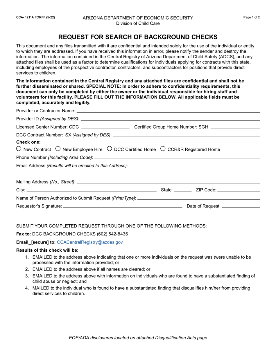 Form CCA-1211A Request for Search of Background Checks - Arizona, Page 1
