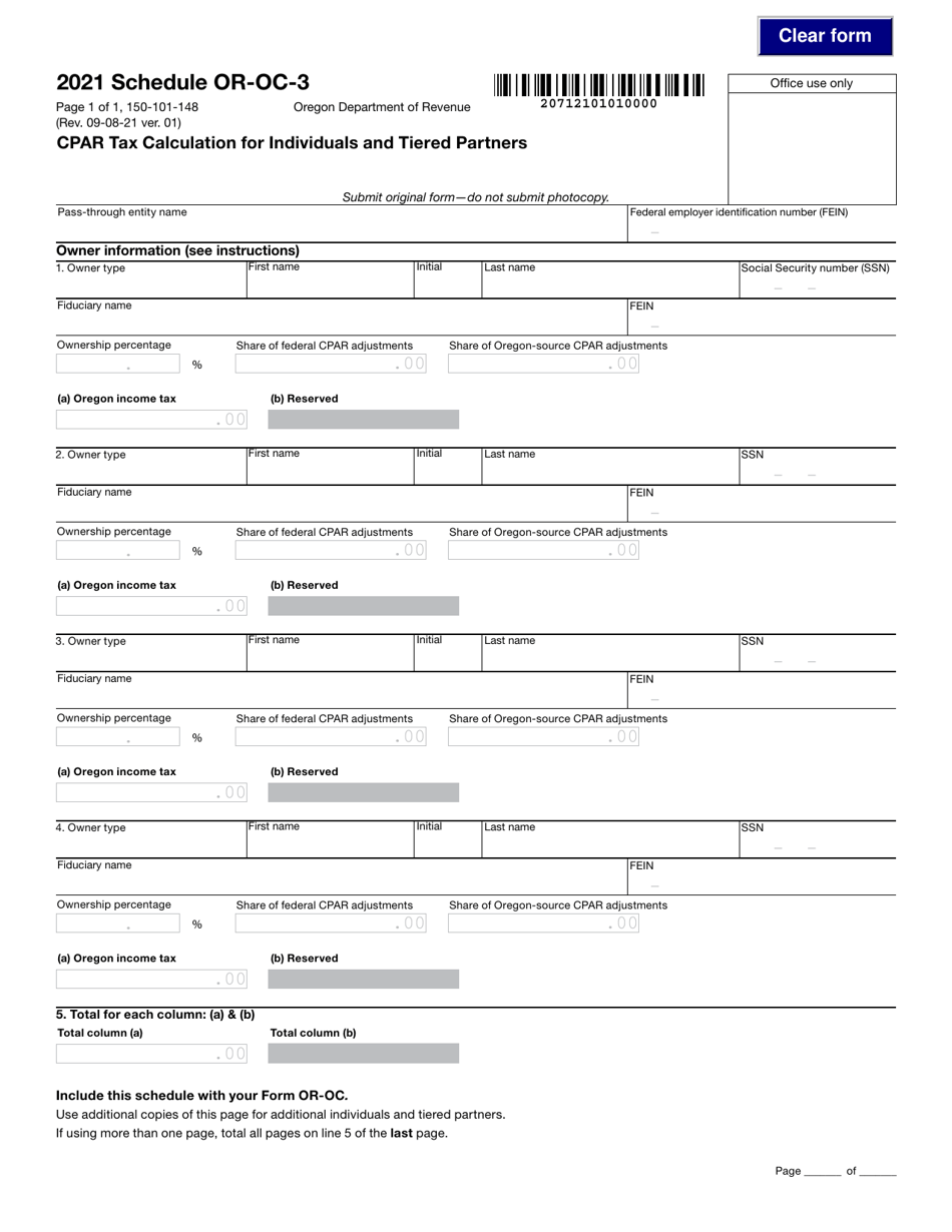 Form 150-101-148 Schedule OR-OC-3 Cpar Tax Calculation for Individuals and Tiered Partners - Oregon, Page 1