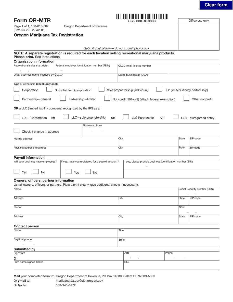 Form OR-MTR (150-610-002) Oregon Marijuana Tax Registration - Oregon, Page 1