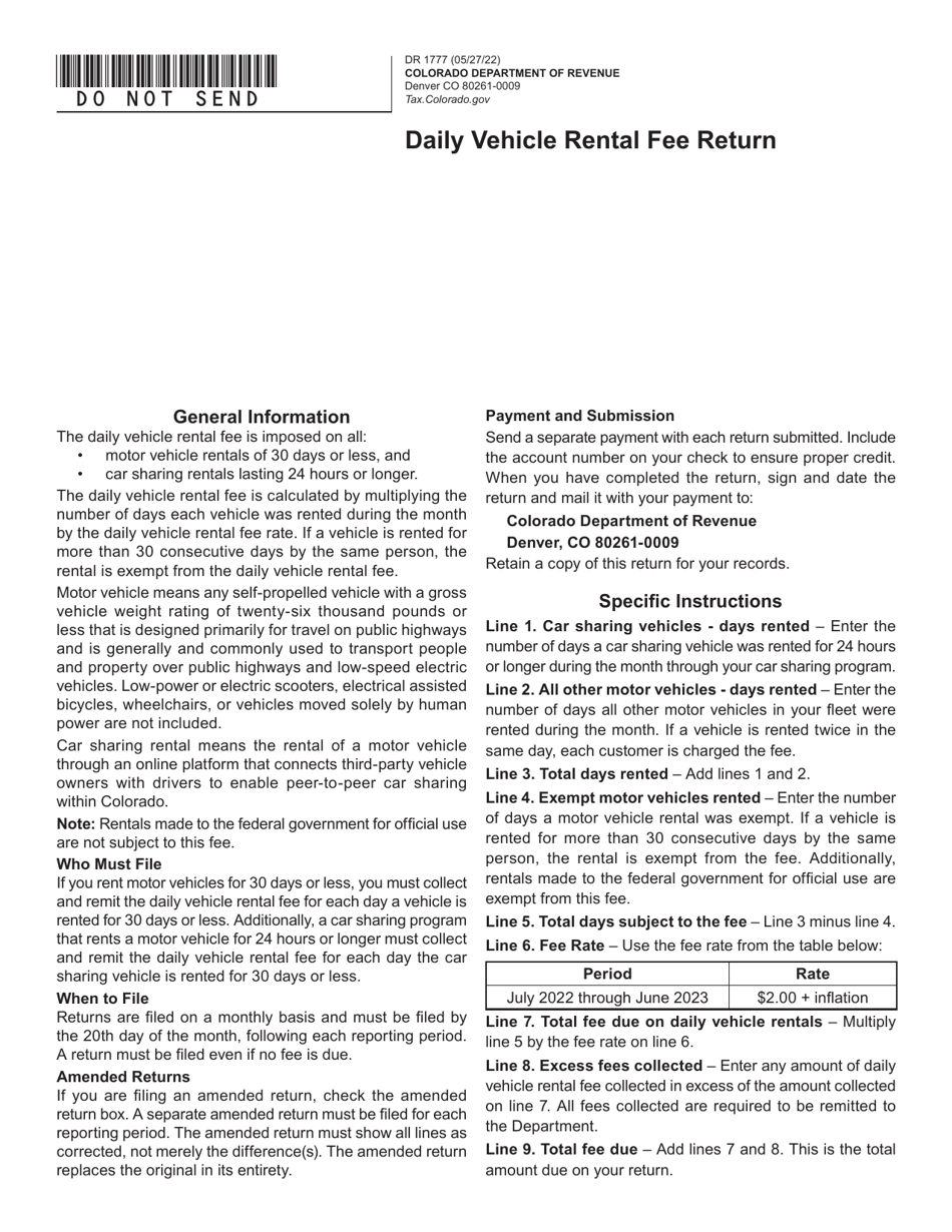 Form DR1777 Daily Vehicle Rental Fee Return - Colorado, Page 1