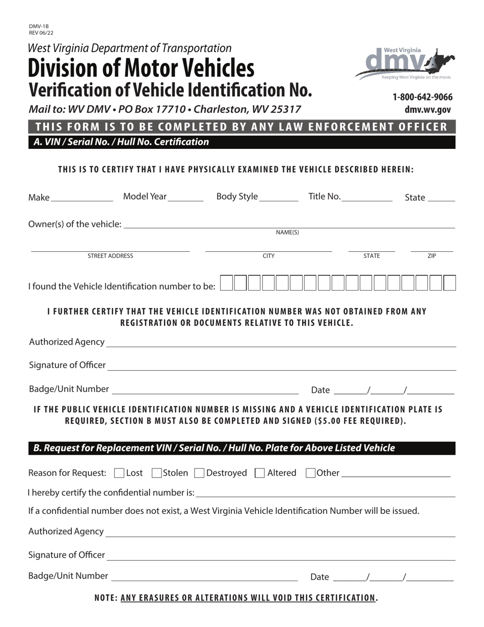 Form DMV-1B Verification of Vehicle Identification Number - West Virginia, Page 1