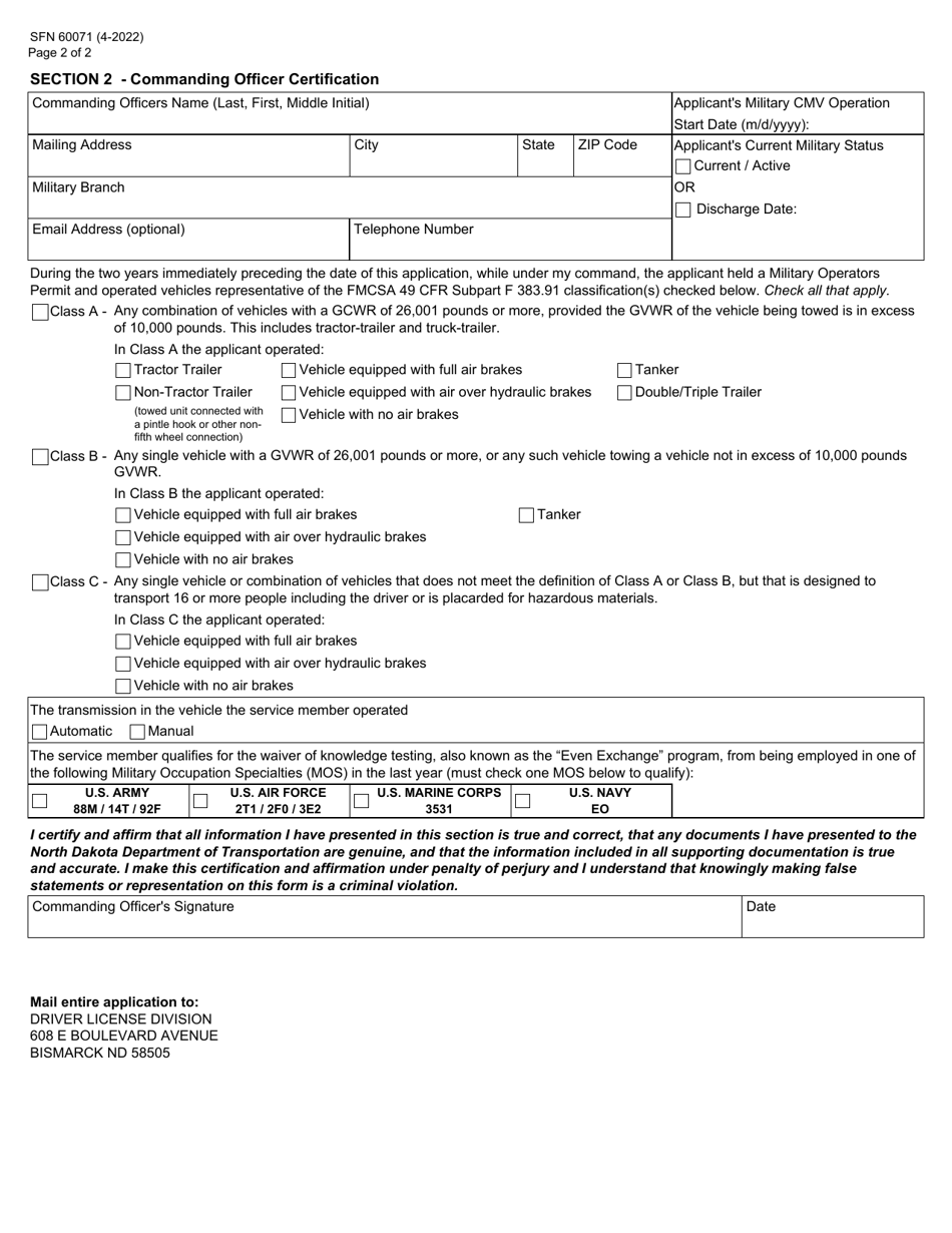 Form SFN60071 Application for Cdl Knowledge and Skills Test Waiver-Military - North Dakota, Page 2