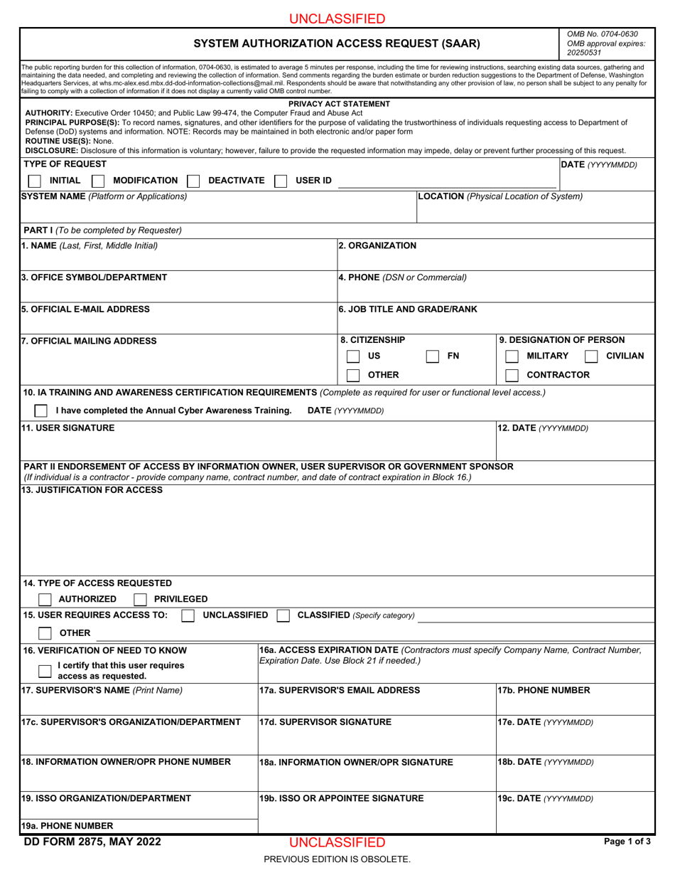 DD Form 2875 Download Fillable PDF or Fill Online System Authorization ...