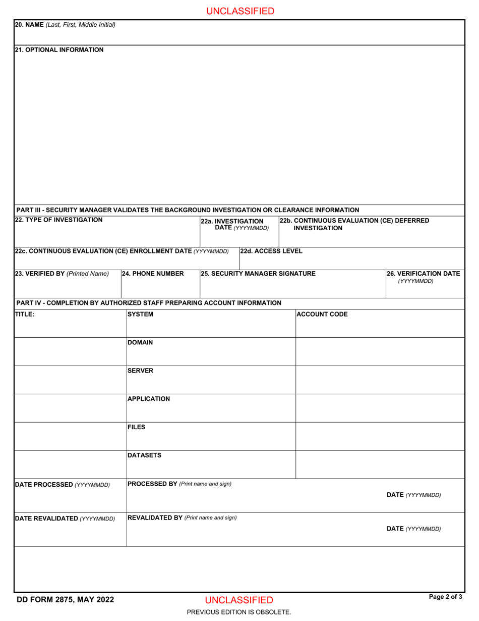 DD Form 2875 Download Fillable PDF Or Fill Online System Authorization