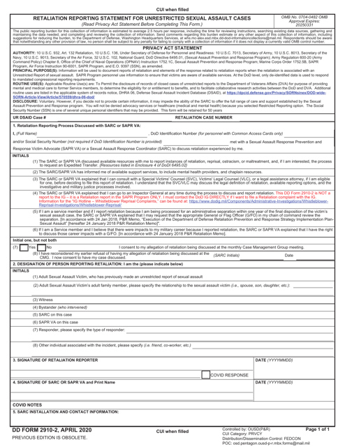 DD Form 2910-2 Retaliation Reporting Statement for Unrestricted Sexual Assault Cases