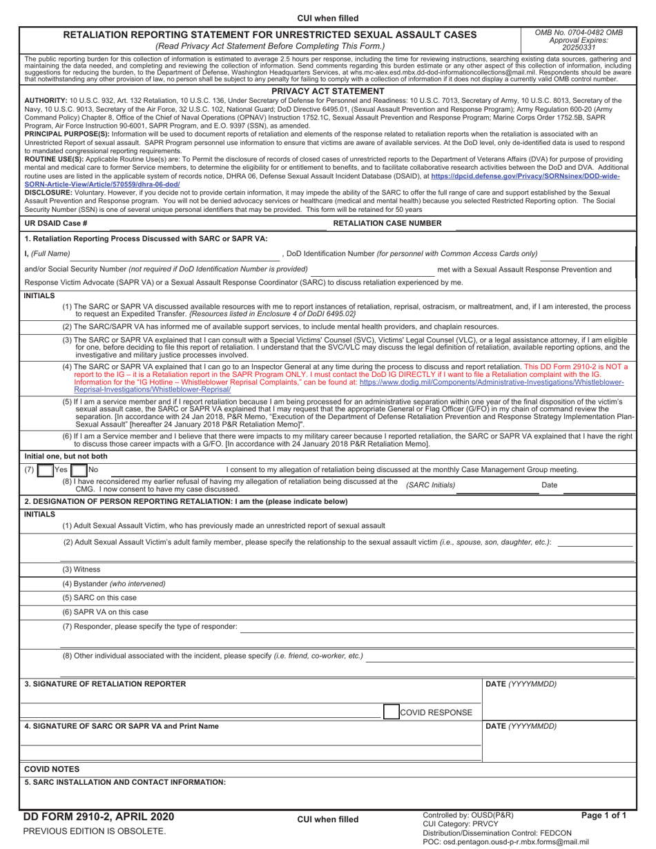 Dd Form 2910 2 Download Fillable Pdf Or Fill Online Retaliation Reporting Statement For 3437