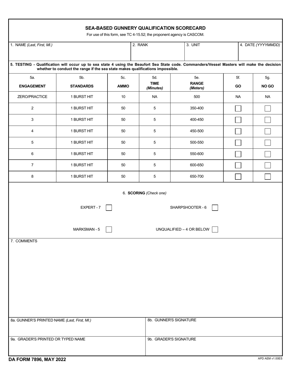 DA Form 7896 Sea-Based Gunnery Qualification Scorecard, Page 1