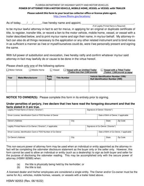 Form HSMV82053 Power of Attorney for a Motor Vehicle, Mobile Home, Vessel or Vessel With Trailer - Florida