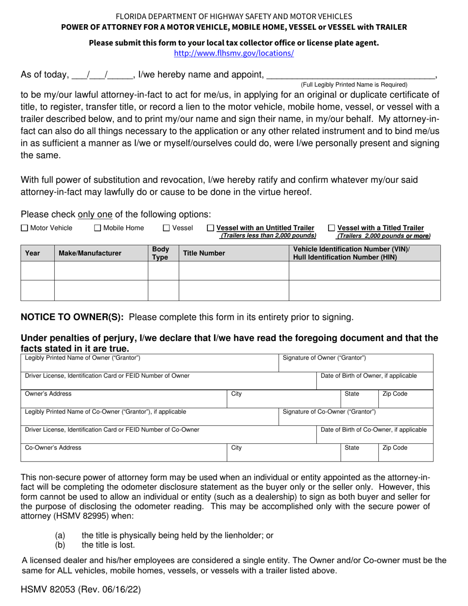Form HSMV82053 Power of Attorney for a Motor Vehicle, Mobile Home, Vessel or Vessel With Trailer - Florida, Page 1