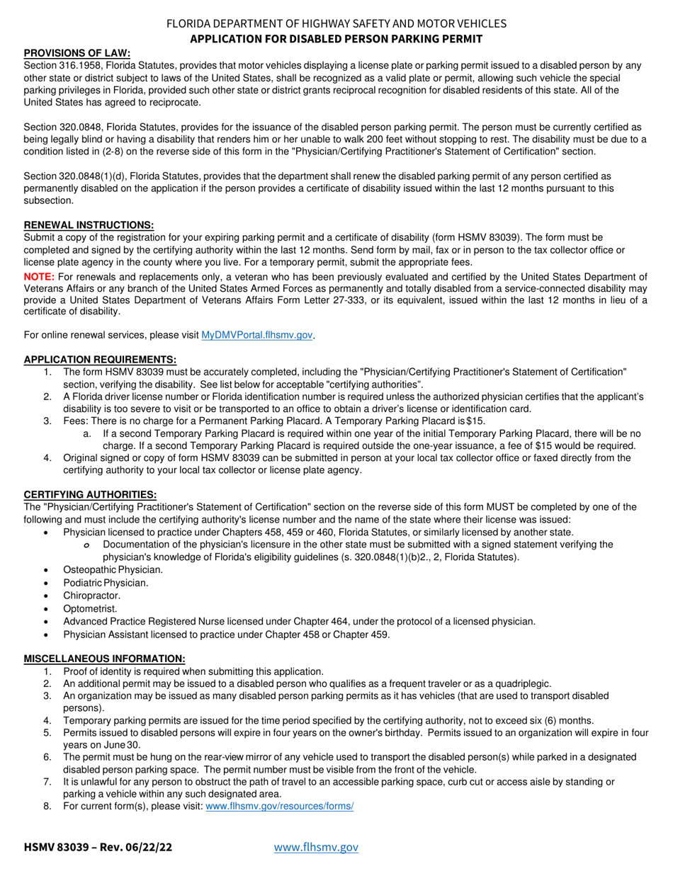 Form HSMV83039 Application for Disabled Person Parking Permit - Florida, Page 2