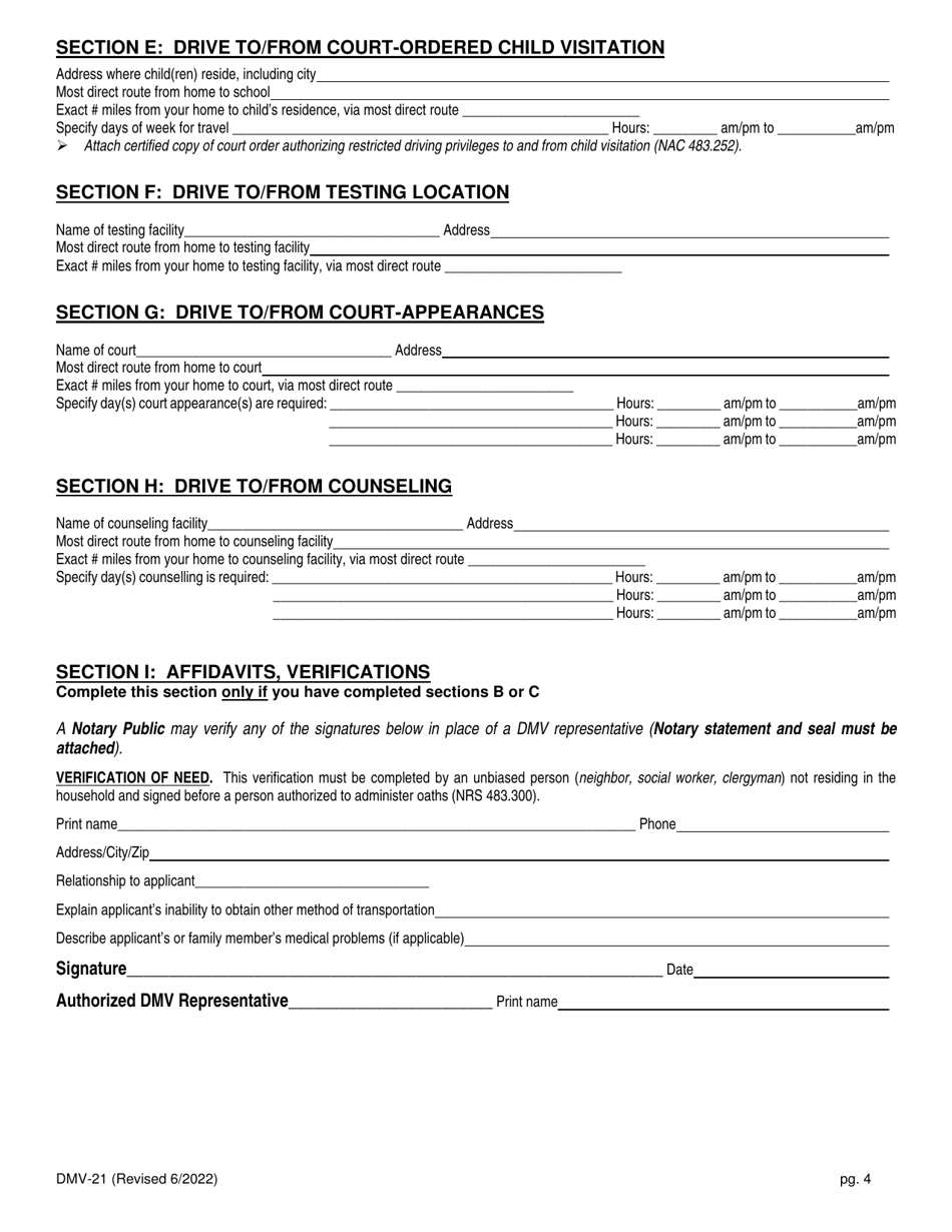 Form DMV-21 Application for Restricted License - Nevada, Page 4