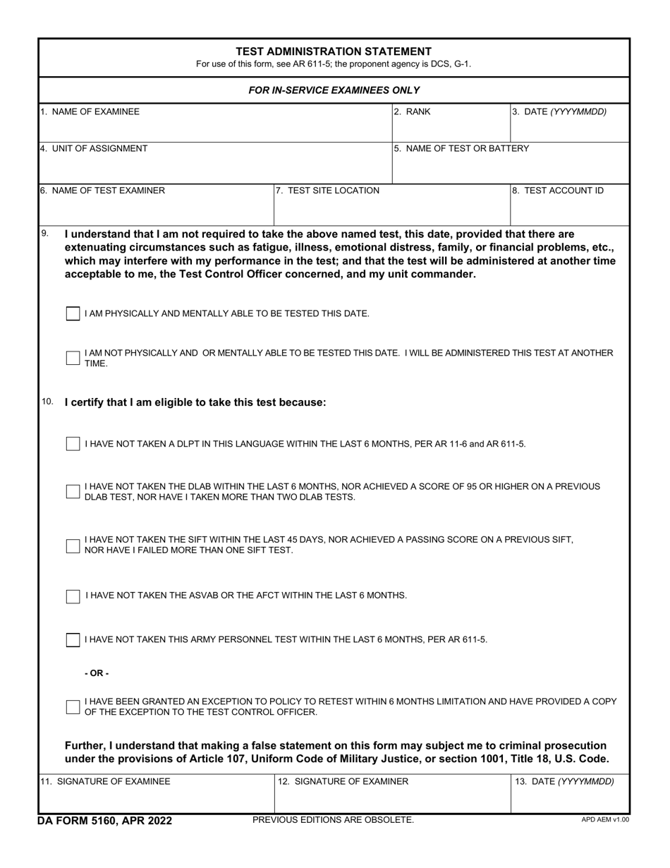 DA Form 5160 Test Administration Statement, Page 1