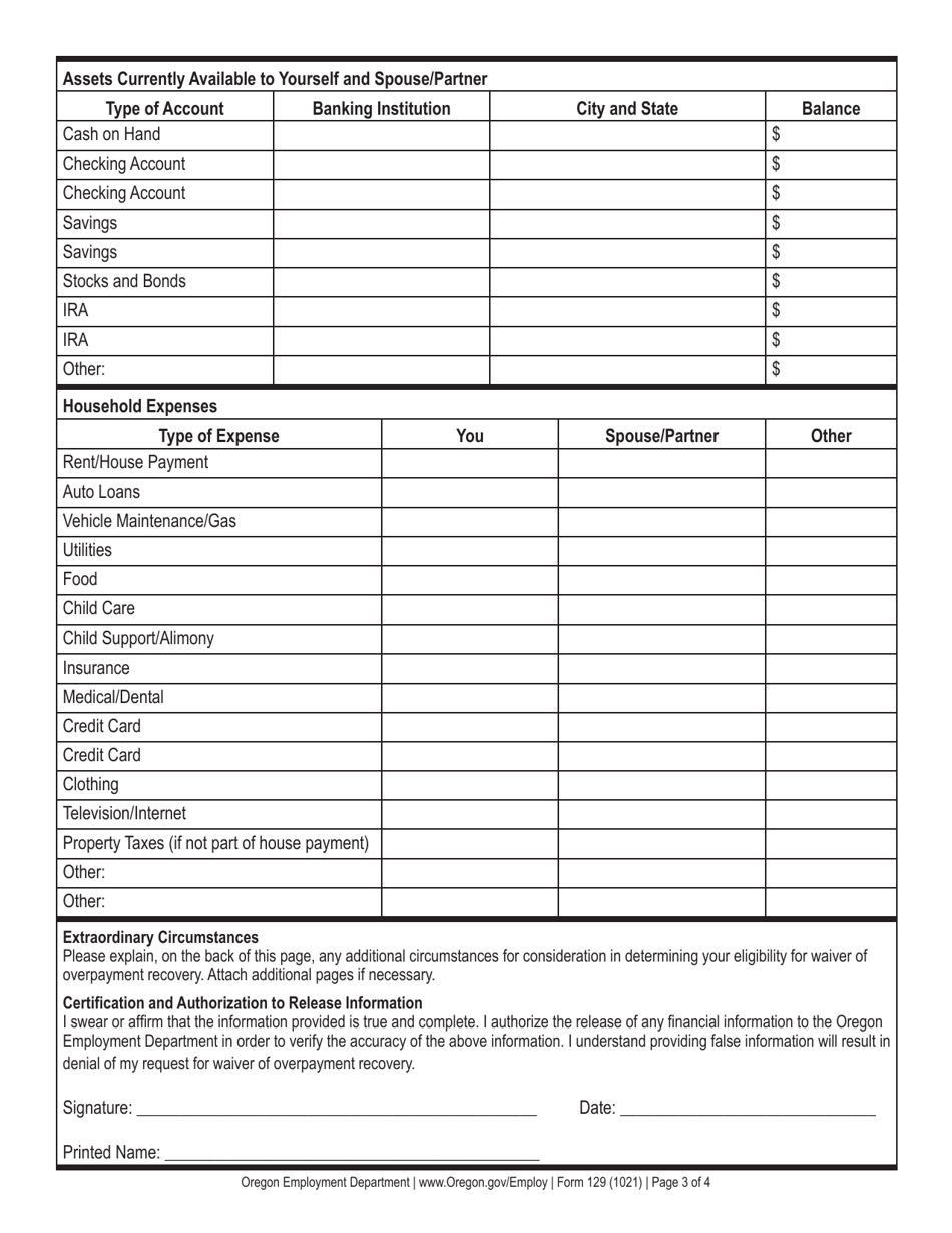 Form 129 Request for Overpayment Waiver - Oregon, Page 3