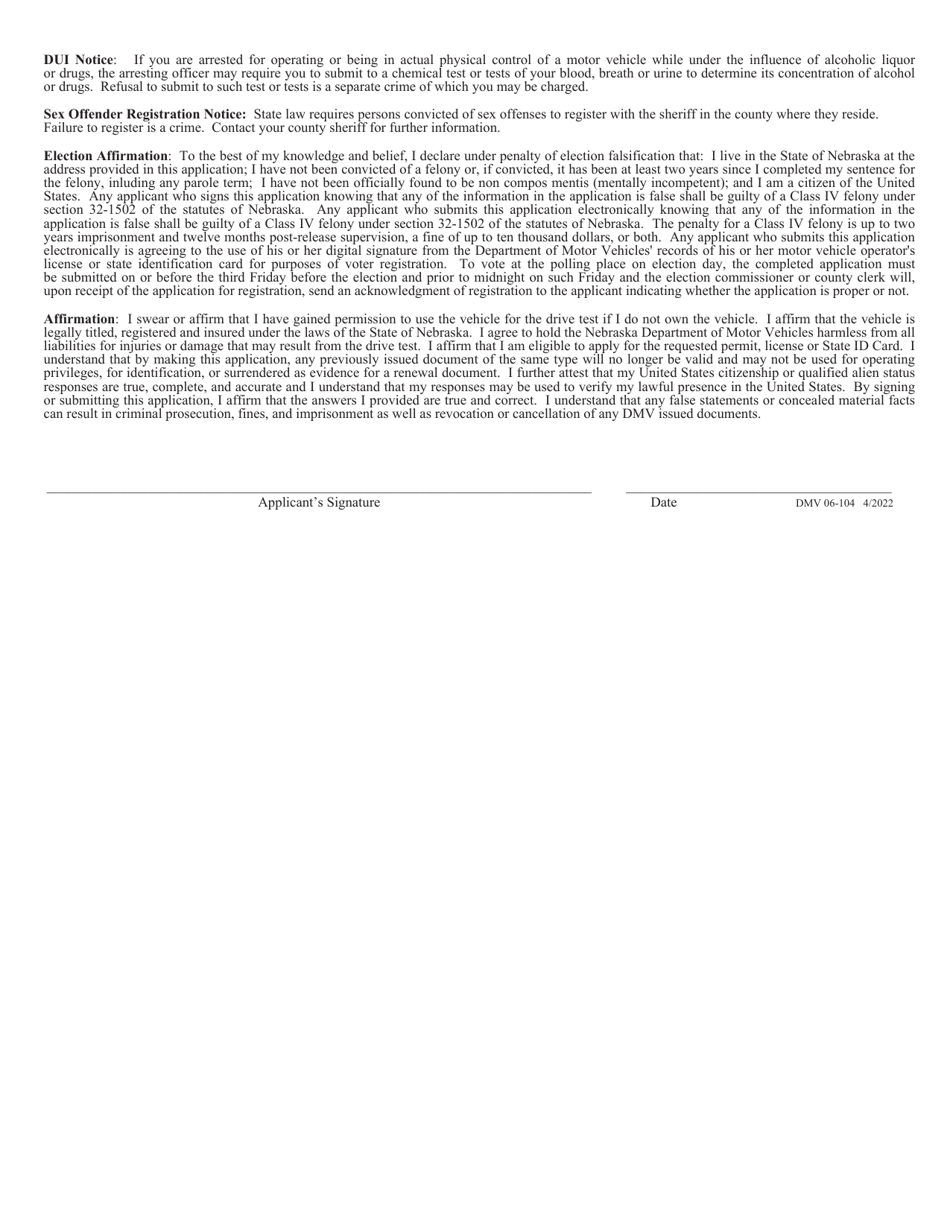 Form DMV06-104 New, Renewal and Replacements Permit, Class O (Car), Class M (Motorcycle) and State Id Card Data Form - Nebraska, Page 2