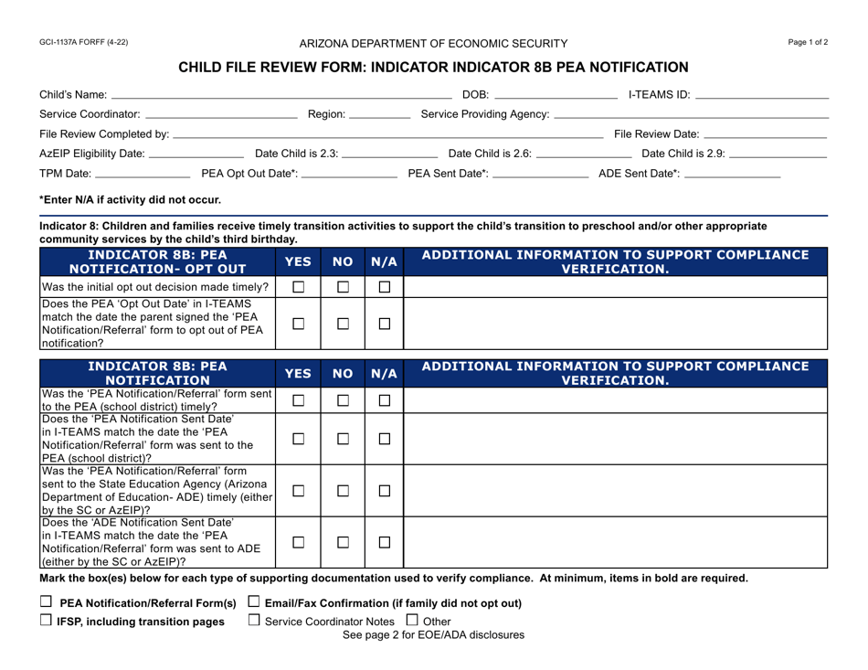 Form GCI-1137A Child File Review Form - Indicator Indicator 8b Pea Notification - Arizona, Page 1