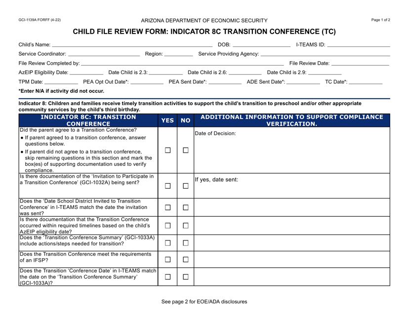 Form GCI-1139A Child File Review Form - Indicator 8c Transition Conference (Tc) - Arizona