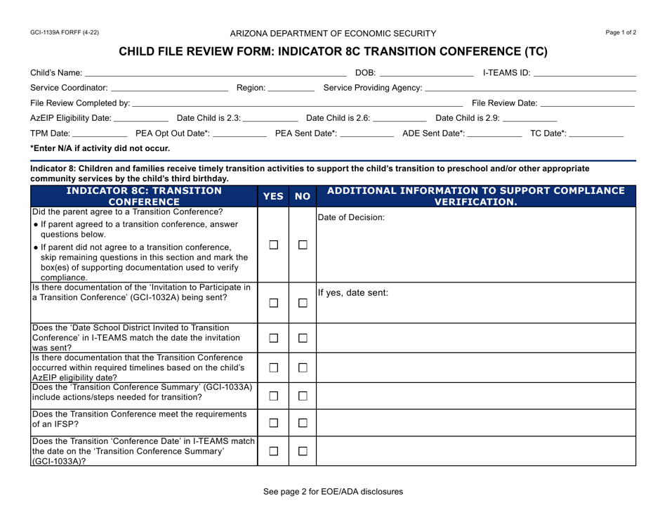 Form GCI-1139A Child File Review Form - Indicator 8c Transition Conference (Tc) - Arizona, Page 1