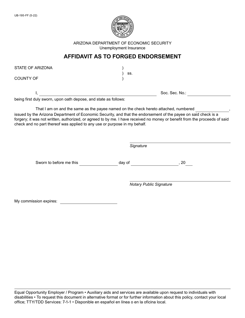 Form UB-195-FF Affidavit as to Forged Endorsement - Arizona, Page 1