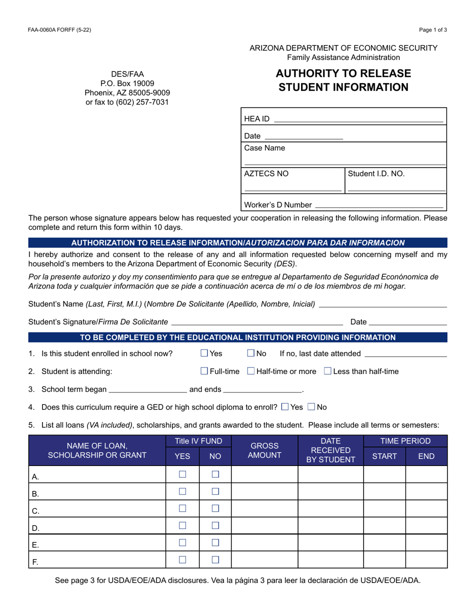 Form FAA-0060A Authority to Release Student Information - Arizona, Page 1