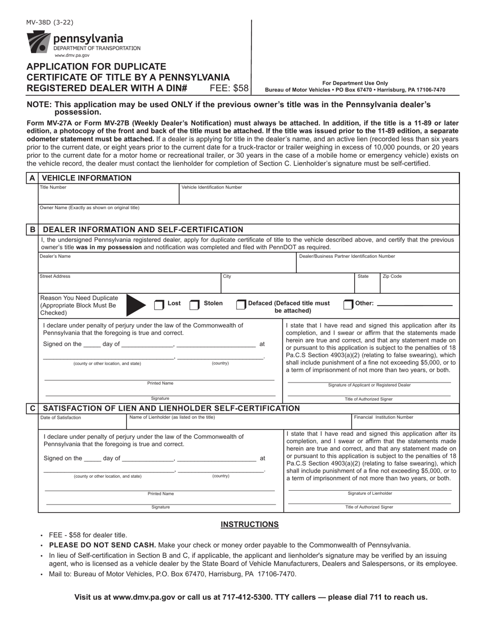 Form MV-38D Application for Duplicate Certificate of Title by a Pennsylvania Registered Dealer - Pennsylvania, Page 1