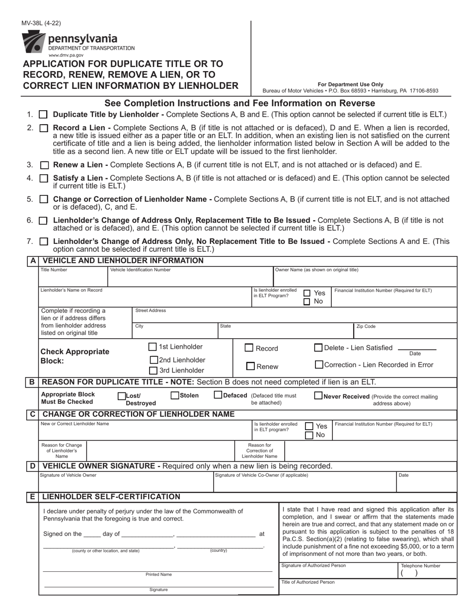 Form MV-38L Application for Duplicate Title or to Record, Renew, Remove a Lien, or to Correct Lien Information by Lienholder - Pennsylvania, Page 1