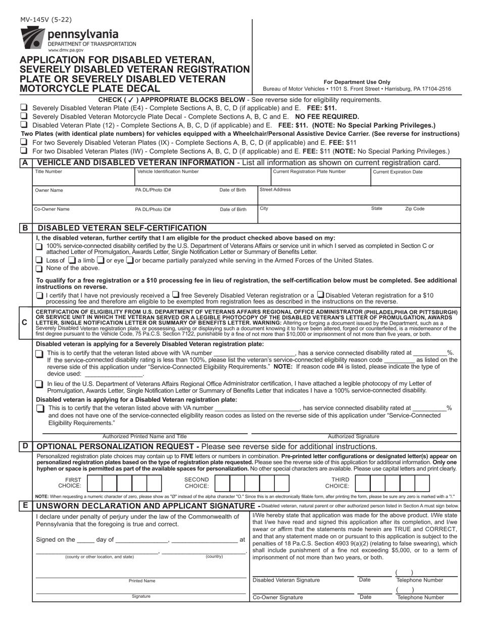 Form MV-145V Application for Disabled Veteran, Severely Disabled Veteran Registration Plate or Severely Disabled Veteran Motorcycle Plate Decal - Pennsylvania, Page 1