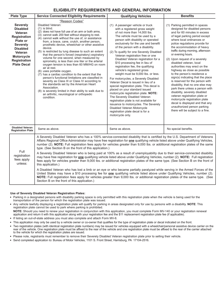 Form MV-145V Application for Disabled Veteran, Severely Disabled Veteran Registration Plate or Severely Disabled Veteran Motorcycle Plate Decal - Pennsylvania, Page 2