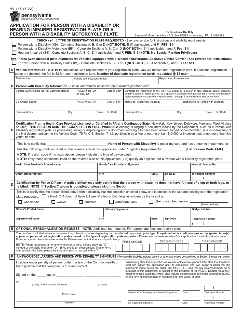 Form MV-145 Application for Person With a Disability or Hearing Impaired Registration Plate or a Person With a Disability Motorcycle Plate - Pennsylvania, Page 1