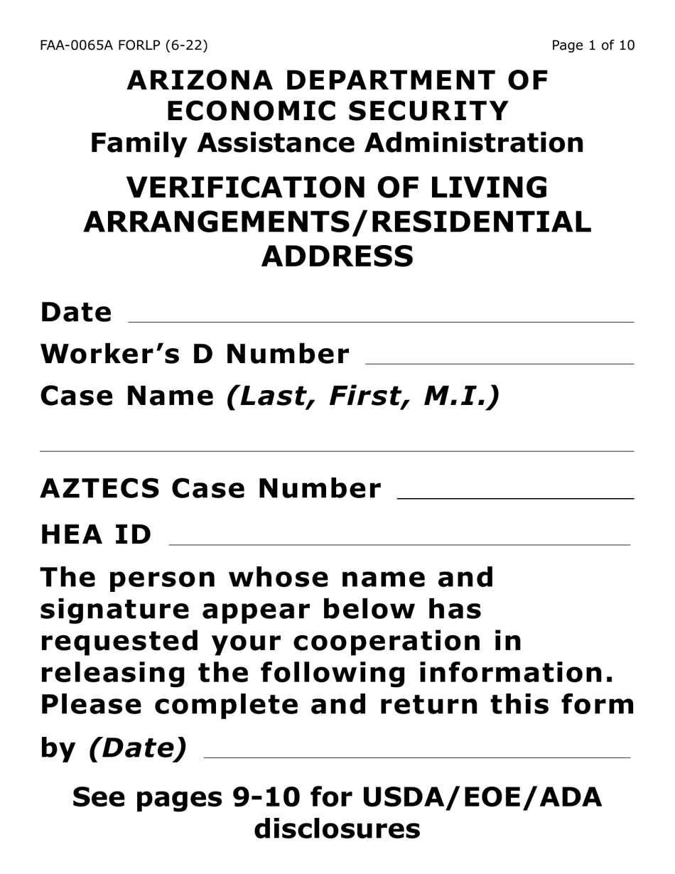 Form FAA-0065A-LP Verification of Living Arrangements / Residential Address (Large Print) - Arizona, Page 1