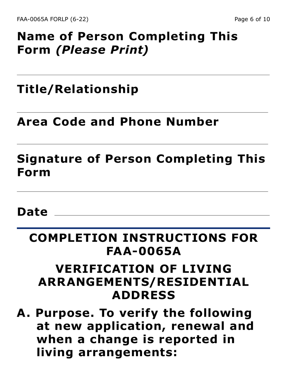 Form FAA-0065A-LP Verification of Living Arrangements / Residential Address (Large Print) - Arizona, Page 6