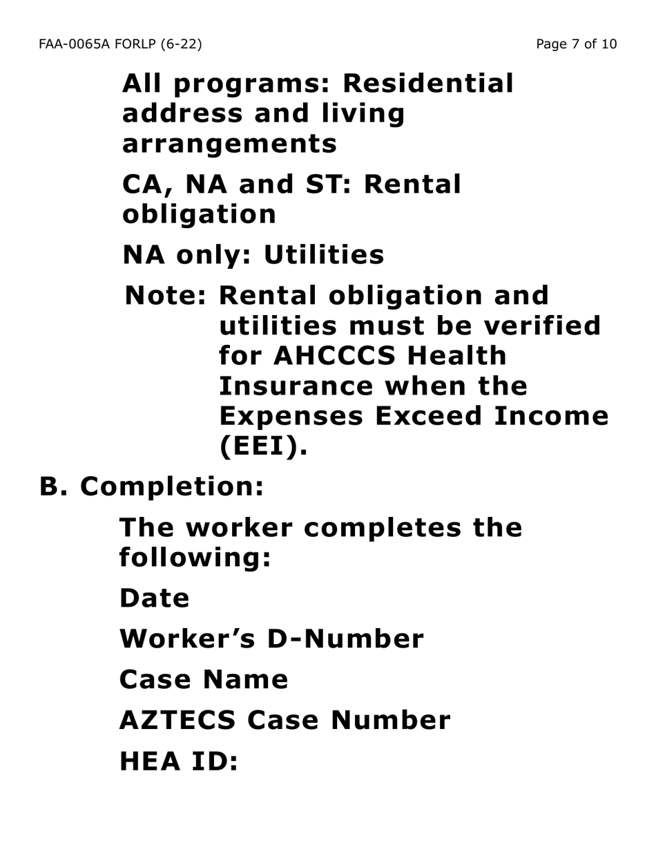 Form FAA-0065A-LP Verification of Living Arrangements / Residential Address (Large Print) - Arizona, Page 7