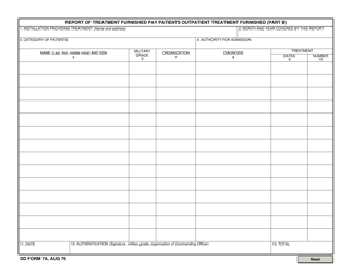 Document preview: DD Form 7A Part B Report of Treatment Furnished Pay Patients Outpatient Treatment Furnished