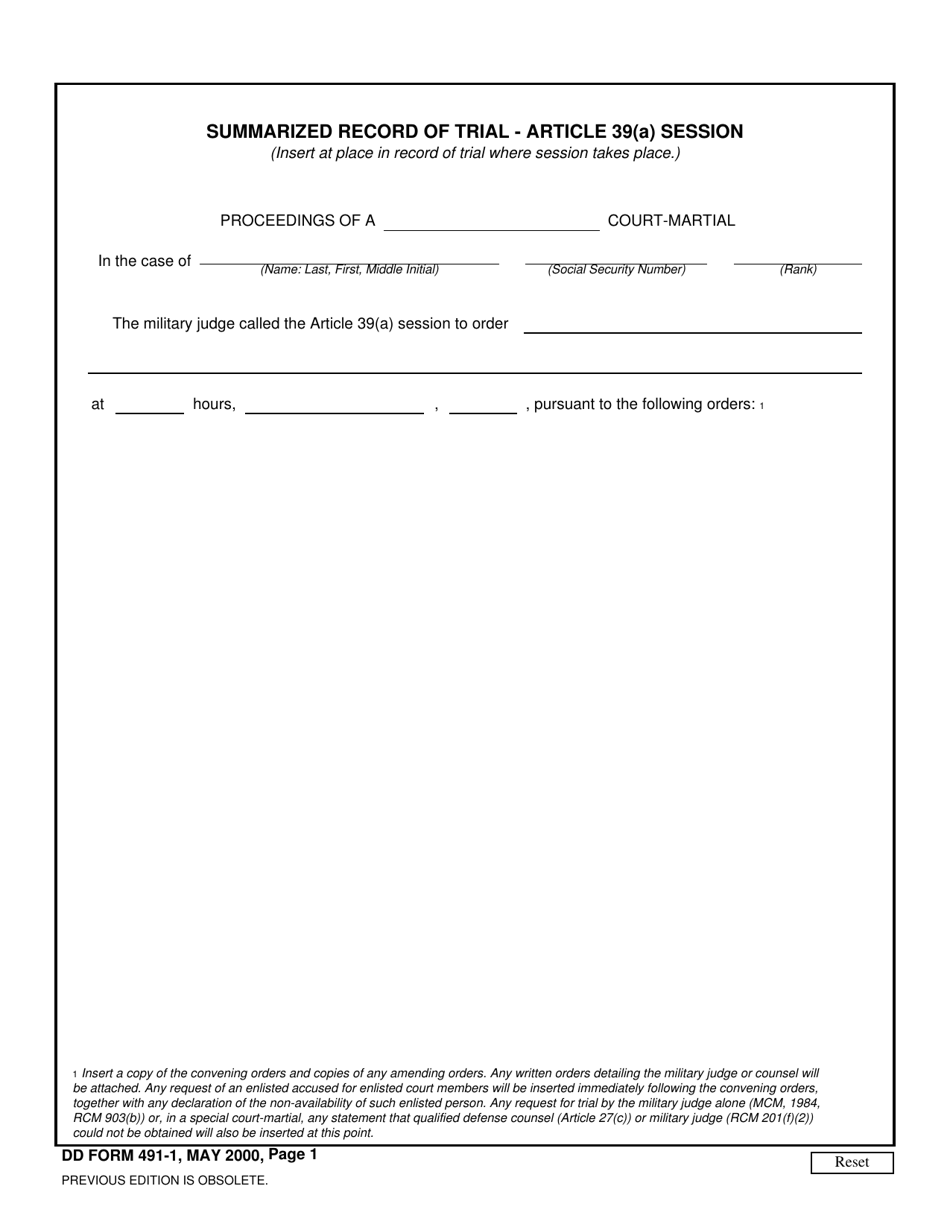 DD Form 491-1 Summarized Record of Trial - Article 39(A) Session, Page 1