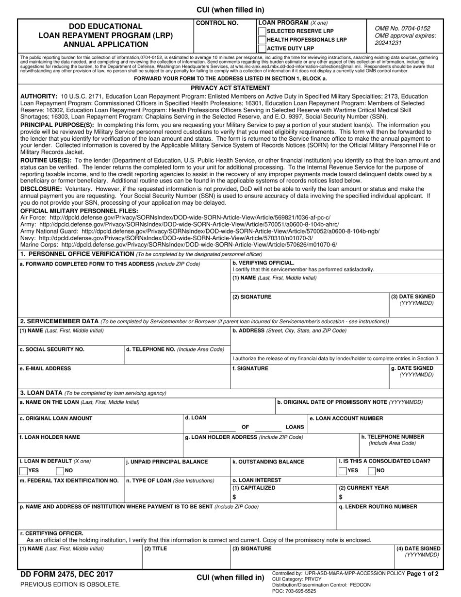 DD Form 2475 DoD Educational Loan Repayment Program (LRP) Annual Application, Page 1