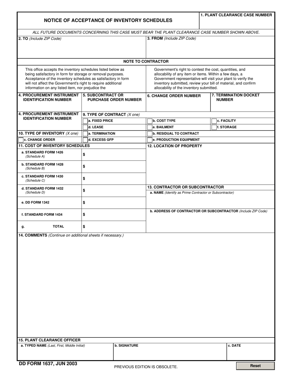 DD Form 1637 Notice of Acceptance of Inventory Schedules, Page 1