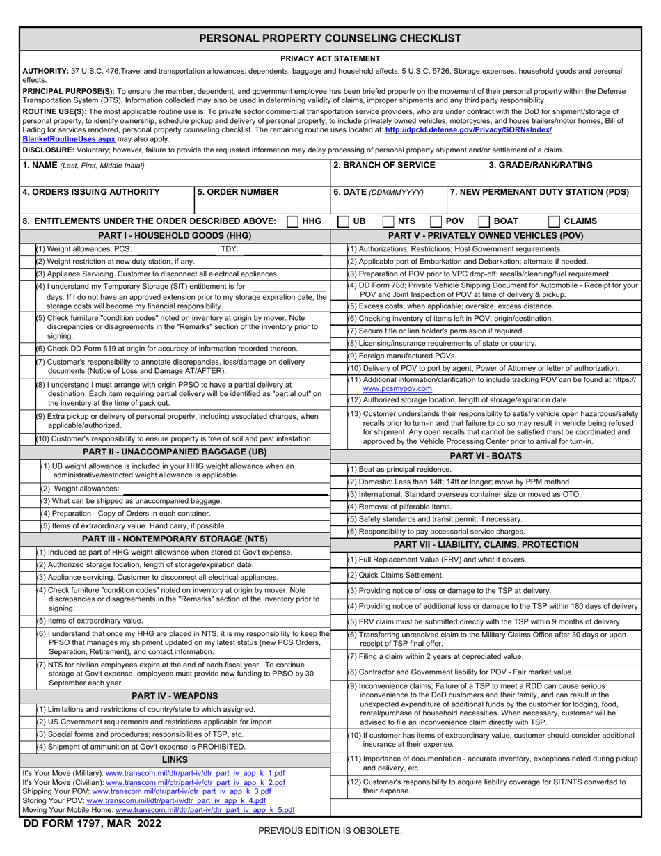 DD Form 1797 Personal Property Counseling Checklist, Page 1