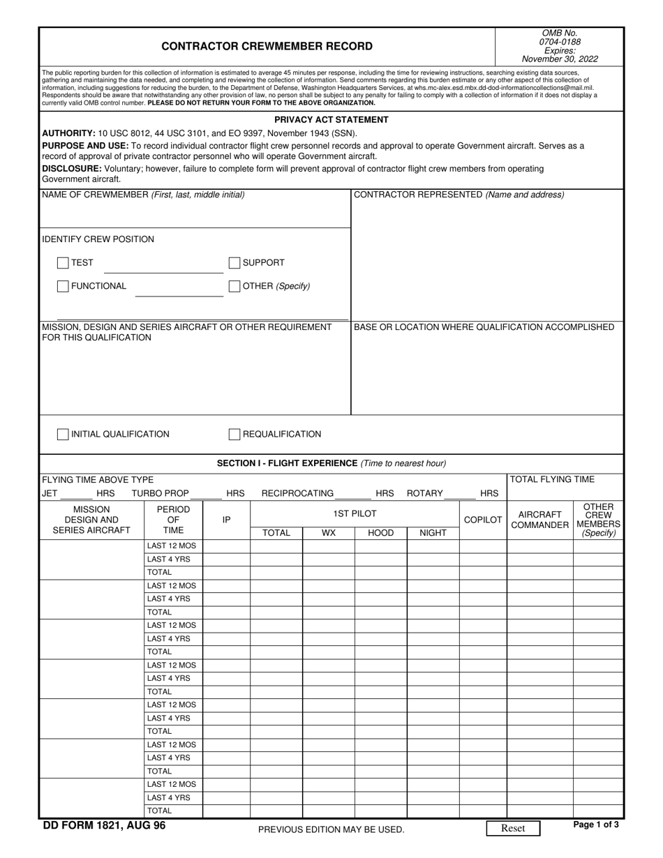 DD Form 1821 Contractor Crewmember Record, Page 1