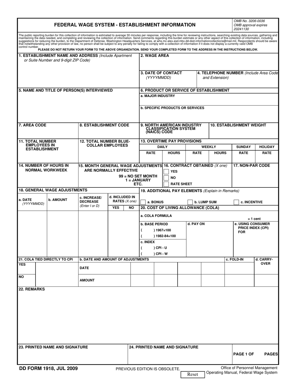 DD Form 1918 Federal Wage System - Establishment Information, Page 1