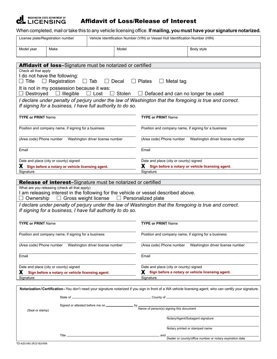 Form TD 420 040 Fill Out Sign Online And Download Fillable PDF   Form Td 420 040 Affidavit Of Loss Release Of Interest Washington Print Big 