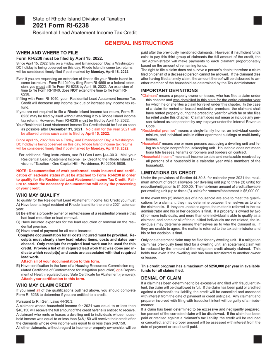 Form RI-6238 Residential Lead Abatement Income Tax Credit - Rhode Island, Page 3