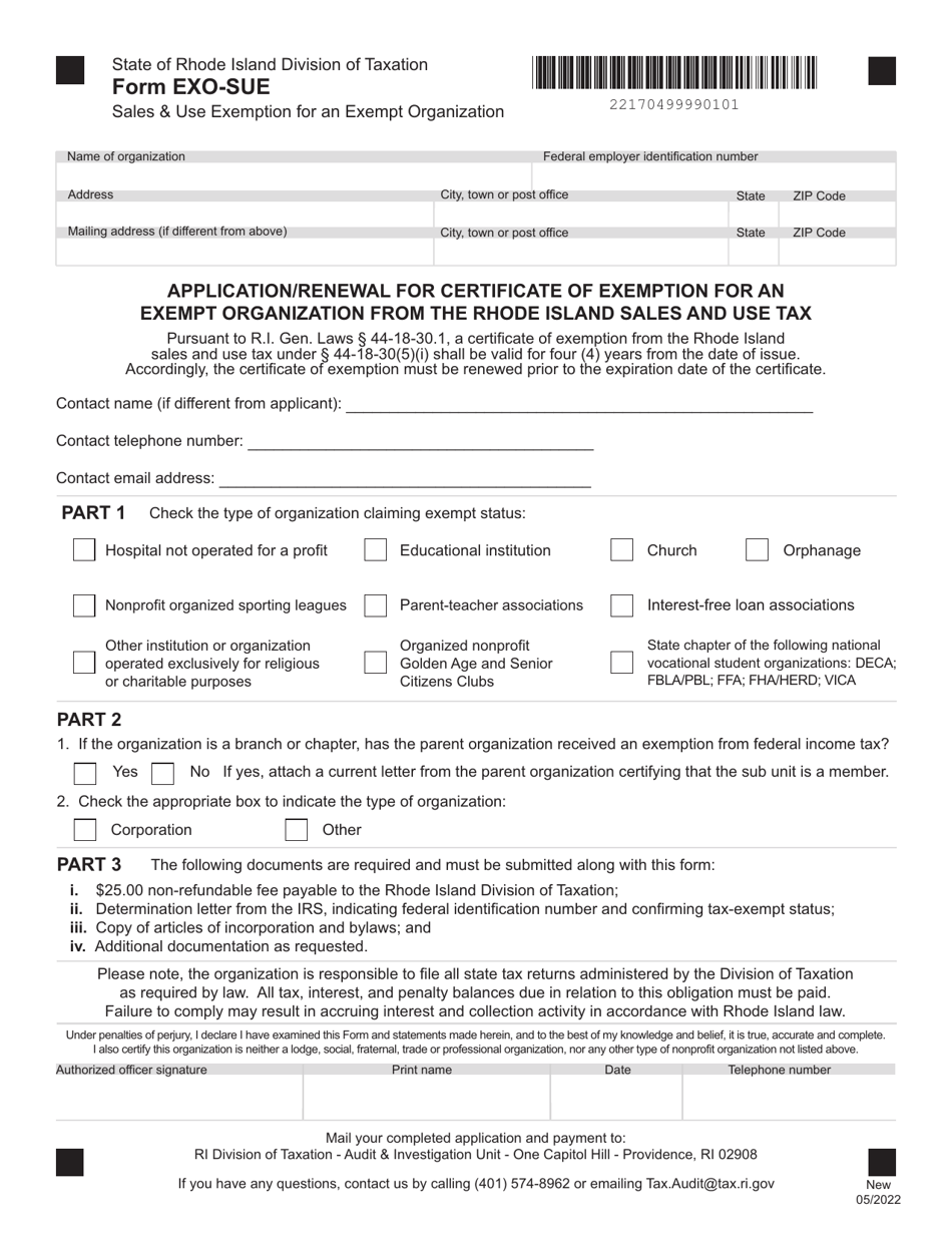 Form EXO-SUE Application / Renewal for Certificate of Exemption for an Exempt Organization From the Rhode Island Sales and Use Tax - Rhode Island, Page 1