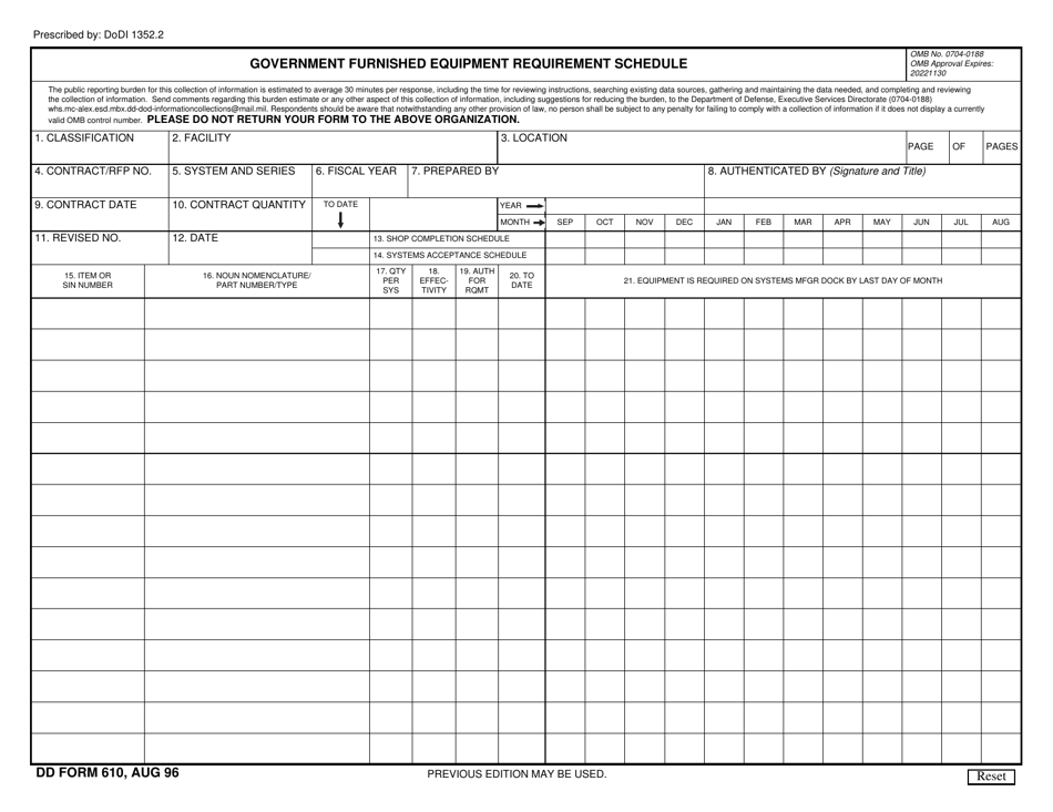 DD Form 610 Government Furnished Equipment Requirement Schedule, Page 1