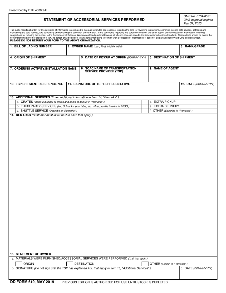 DD Form 619 Statement of Accessorial Services Performed, Page 1