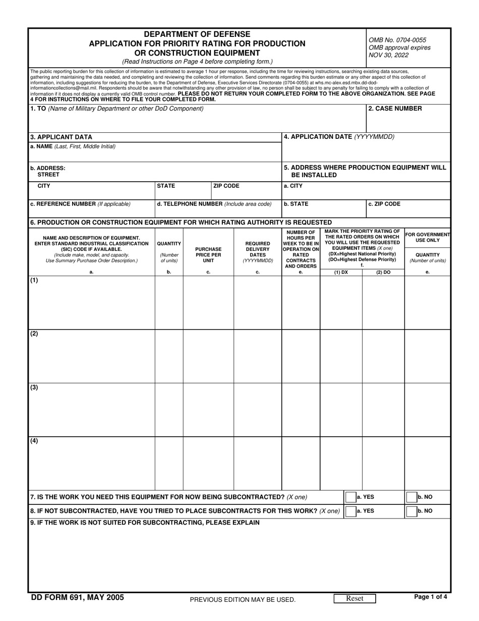 DD Form 691 Application for Priority Rating for Production or Construction Equipment, Page 1