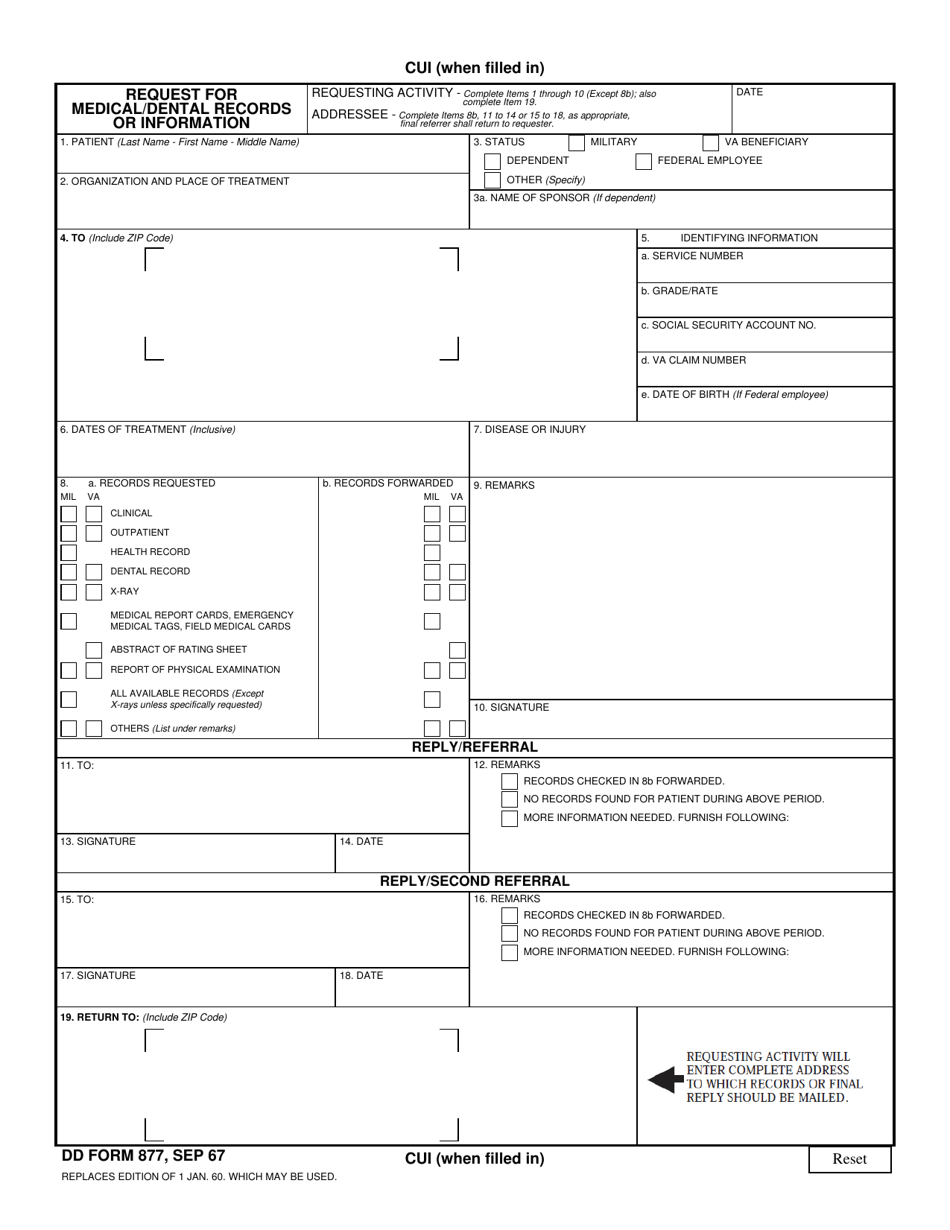 DD Form 877 Request for Medical / Dental Records or Information, Page 1