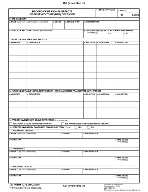 DD Form 1076 Record of Personal Effects of Believed to Be (Btb) Deceased