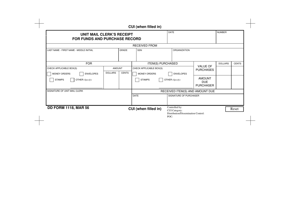 DD Form 1118 Unit Mail Clerks Receipt for Funds and Purchase Record, Page 1