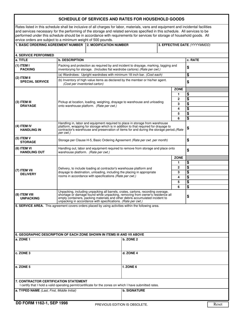 DD Form 1162-1 Schedule of Services and Rates for Household Goods, Page 1
