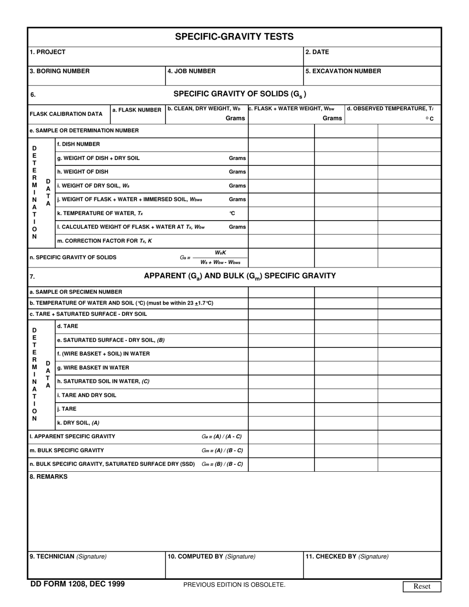 DD Form 1208 Specific-Gravity Tests, Page 1